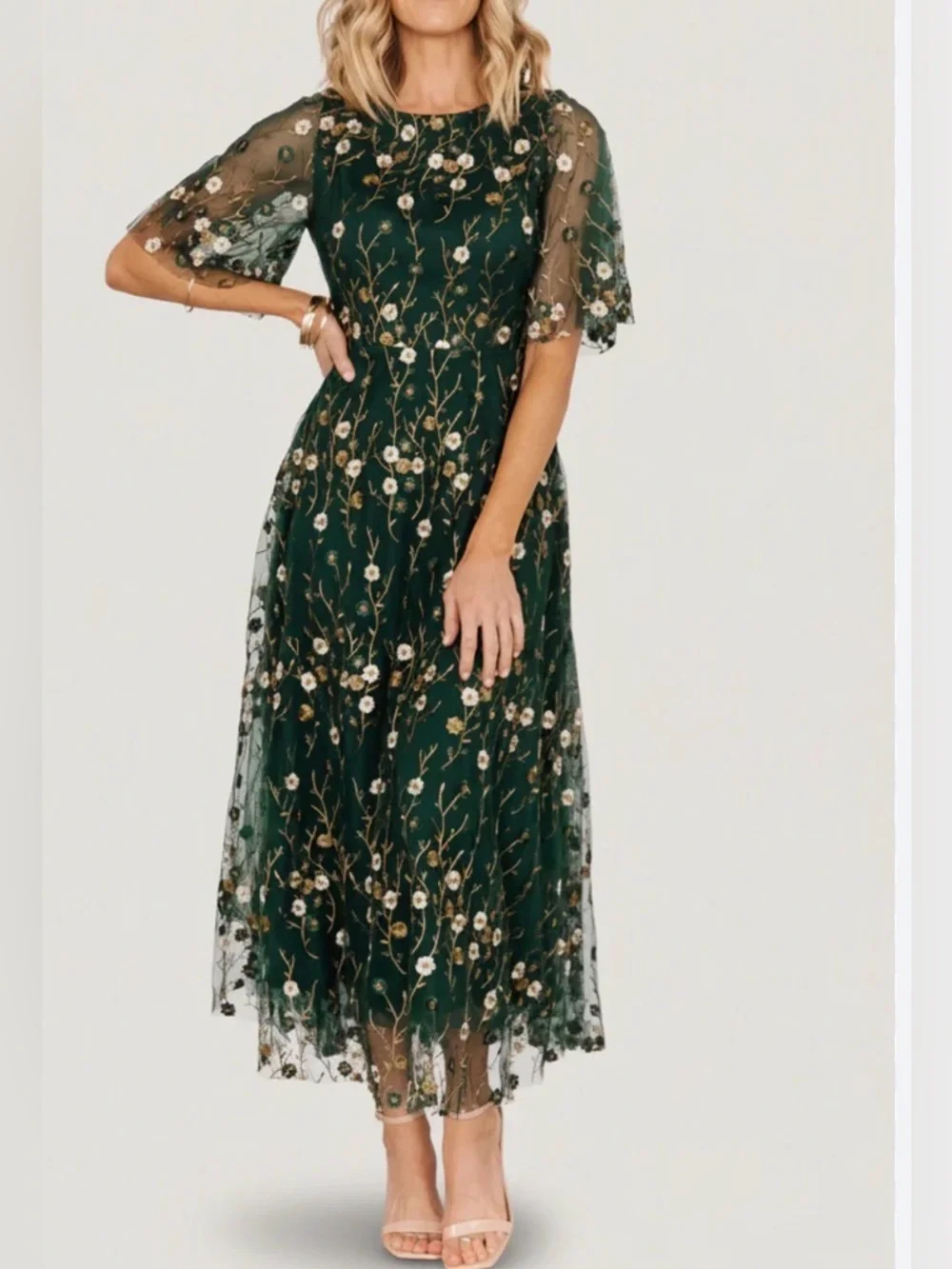 Baltic Born Arabella Embroidered Tulle Maxi Dress Size XL Dark Green and Gold - Picture 1 of 13